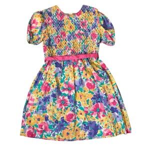 Vtg Polly Flinders Floral Short Sleeve 80’s/90’s Shirred Dress Size 14 Girls